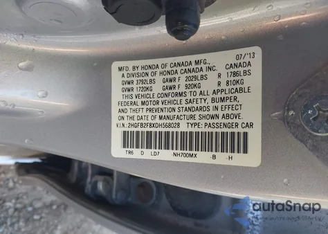 2013 Honda Civic Ex из США, поврежденный, VIN 2HGFB2F8XDH568028